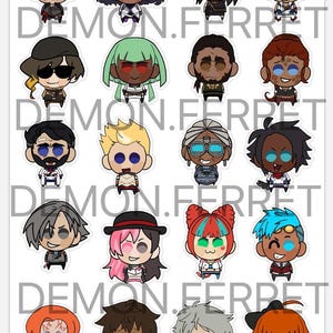 May include: A sheet of stickers featuring cartoon character illustrations. Each character has a unique design, with varying hair colors, outfits, and facial expressions. The text "DEMON.FERRET" is printed across the image.