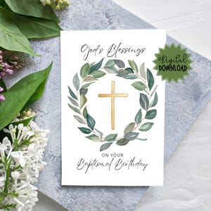 Biglietto di auguri di compleanno battesimale da scaricare in formato digitale con versetto della Bibbia e messaggio all'interno - Compleanno del battesimo cristiano - Anniversario del battesimo