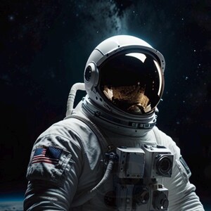 May include: An astronaut in a white spacesuit with an American flag patch on the arm, standing against a dark background of stars and a galaxy. The astronaut is wearing a helmet with a gold visor.