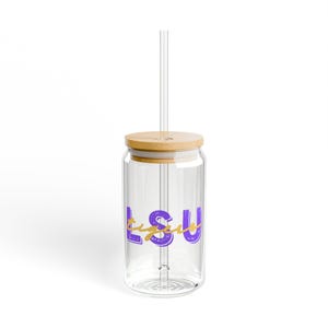 Sipperglas met LSU-thema, 16 oz - paars en goudkleurig glas met deksel en rietje, bumperuitrusting college football, drinkgerei voor wedstrijddagen, sportfan