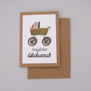 Karte zur Geburt | Kinderwagen „Herzlichen Glückwunsch“ (Klappkarte mit Umschlag)