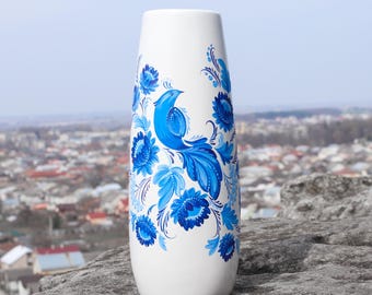 Mother Day Gift, White Floral Vase, Hand-Painted Blue Porcelain Vase, Slavic Ukrainian Folk Art Painting, Ceramic Vase with Bird, Petrykivka