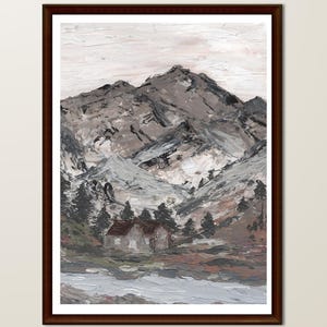 Cabin Cozy in the Valley, Mountain and river oil painting unframed fine art print, wall art