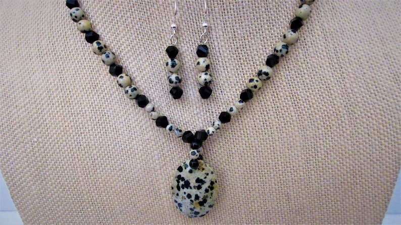 On Sale Dalmatian Jasper Pendant Necklace Earrings Sterling Ear Wires Clasp