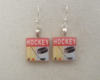 Hockey Square Wood Earrings Sterling Silver Ear Wires or Unisex Pendants/Necklaces with Curb Chains