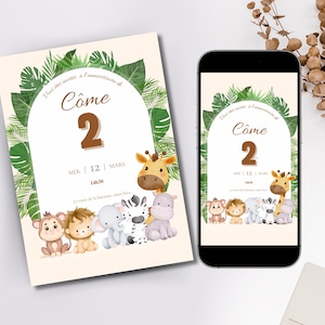 Invitation anniversaire enfant thème animaux jungle, carte invitation numérique personnalisée, à imprimer, invitation digitale en français