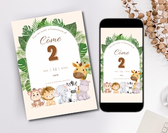 Convite de aniversário infantil tema animais da selva, cartão convite digital personalizado, para imprimir, convite digital em francês