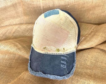 Blue Patchwork Quilt Trucker Hat, Vintage Patchwork Hat, Boho, Cottagecore Cap, Farm Girl Hat, Western Festival Hat, Unique Handmade Gift