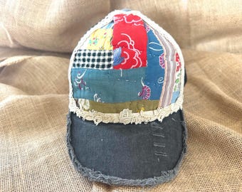 Truckerhoed dames, vintage patchworkhoed, geüpcycled quiltpet, trendy bohohoed, casual alledaagse baseballpet