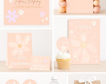 Utskrivbart paket med tusenskönafödelsedagskalas | Boho blomfestdekorationer | Redigerbara skyltar, muffinsdekorationer, etiketter för vattenflaskor och mer