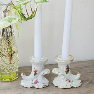 Vintage Pair of Porcelain Floral Japanese Candle Holders | 1960s