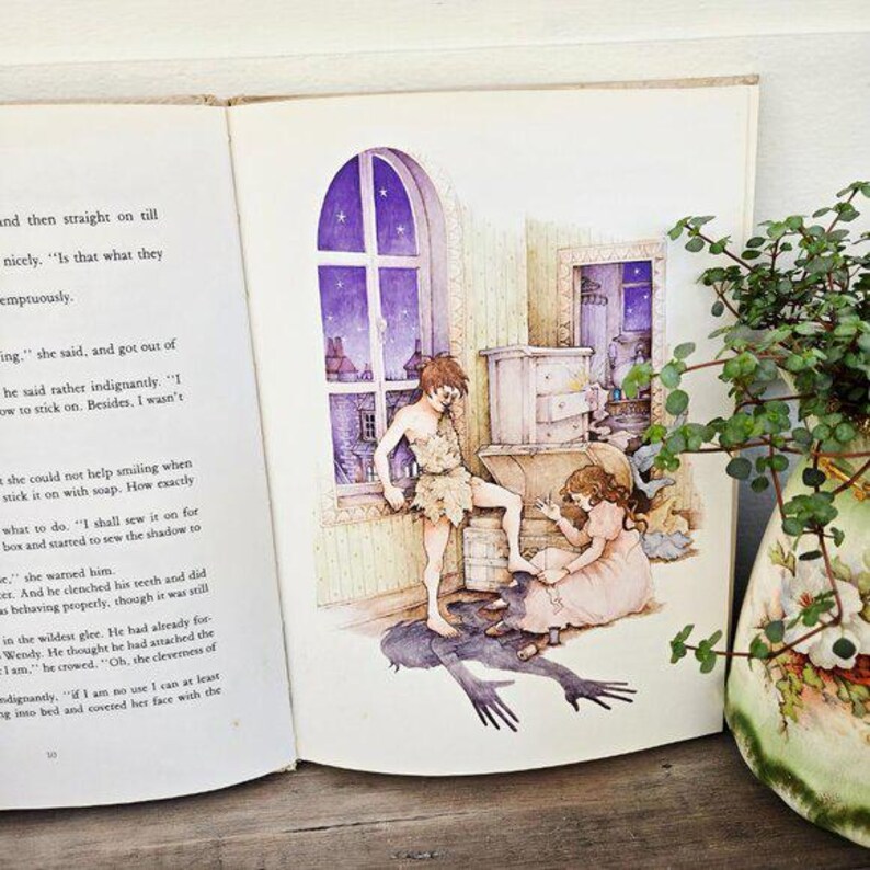 May include: An open book displays a colorful illustration of Peter Pan and Wendy. Peter Pan, in a leaf outfit, stands on his shadow as Wendy sews it. The scene is set in a room with a window overlooking a starry night.