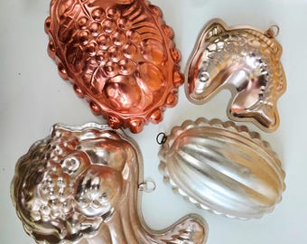 Moldes de repostería vintage de cobre y estaño de los años 70 – Decoración de pared para la cocina