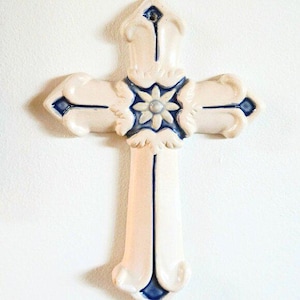 Vintage Mid-Century Ceramic Painted Wall Cross | 1970s