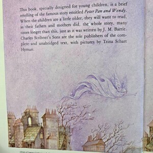 May include: An open book page with text about the story of Peter Pan and Wendy. The illustration features a whimsical scene with buildings and a flying figure in shades of purple and white. The text is in black.