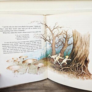 May include: Open book illustration featuring a whimsical forest scene with children running near trees and mushrooms. Text from the story is visible on the left page, with a vintage aesthetic.