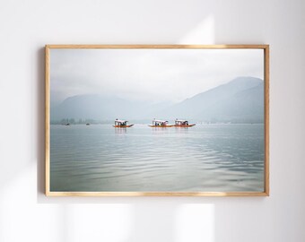 Srinagar, India - Dal Lake boats on a foggy day, aesthetic fine art print for walls. Original photo by Vera Sepúlveda