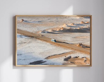 Chile, Atacama Desert - sunset landscape, road with blue bus, aesthetic fine art print for walls. Original photo by Vera Sepúlveda
