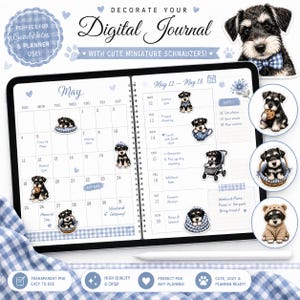 Op de afbeelding: Digitaal dagboek met een mei-kalender, versierd met miniatuur schnauzer stickers. Het dagboek bevat de tekst "Decoreer je digitale dagboek" en "Met schattige miniatuur schnauzers!" en is perfect voor GoodNotes en plannergebruik.