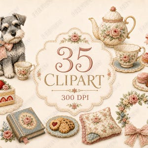Op de afbeelding: Een digitale collectie van 35 clipart-afbeeldingen met een grijze schnauzer met een roze strik, een bloemige theepot, theekop, etagère, aardbeientaart, een boek, koekjes, een gewatteerd kussen en een bloemenkrans met een roze strik.