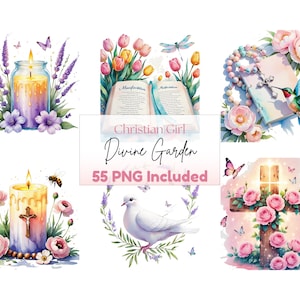 Set di clipart floreali cristiane in formato PNG: Bibbia, Gesù, preghiera, fede (55 immagini)
