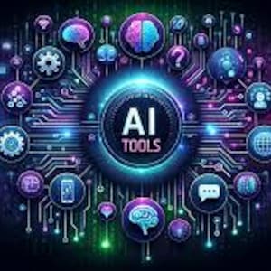 May include: A colorful illustration of AI tools, with icons representing various aspects of artificial intelligence, such as machine learning, data analysis, and automation. The central text reads "AI TOOLS".