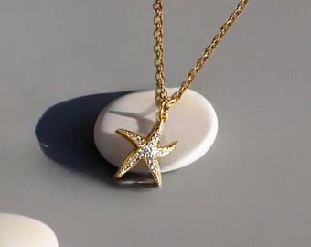 Dainty Gold Starfish Necklace: 18k Plated Stainless Steel, Beach Jewelry