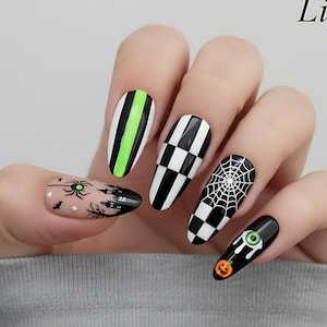 Spooky Halloween Press On Nails – Skull, Spider Web, Witch Hat, Black Cat & Pumpkin Nail Art