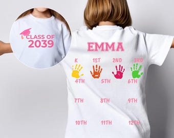 Personalized Class of 2039 Handprint Shirt: Grow With Me Keepsake Tee, Big Print Graphic Tee