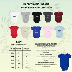 May include: A variety of baby rib bodysuits in multiple colors, including white, black, red, and blue. The image displays a size chart with measurements in inches and details about the fabric and construction.