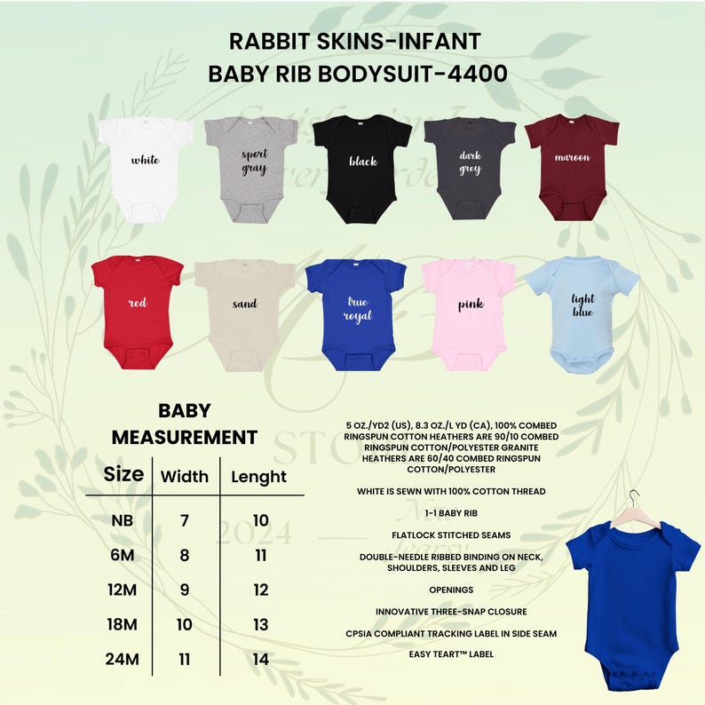 May include: A variety of baby rib bodysuits in multiple colors, including white, black, red, and blue. The image displays a size chart with measurements in inches and details about the fabric and construction.
