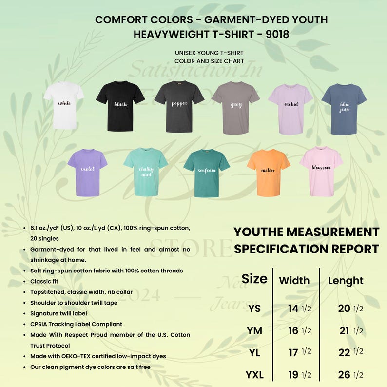 May include: A color chart for unisex youth heavyweight t-shirts. The chart displays various t-shirt colors, including white, black, grey, and blue jean. The image also includes a size chart with measurements in inches, and product details.