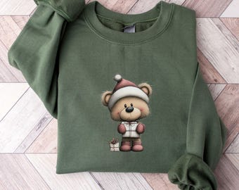 Christmas Teddy Bear Sweatshirt: Military Green Holiday Sweater
