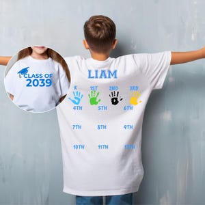 Personalized Class of 2039 Handprint Shirt: Grow With Me Keepsake Tee, Big Print Graphic Tee image 2