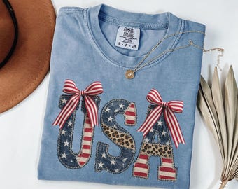 Retro USA Shirt, FAUX Patchwork 4th of July Shirt, Comfort Colors Patriotic Tee, Coquette Bow American Flag Top,Leopard Print Fourth of July