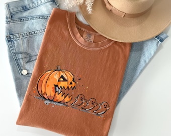 おもしろハロウィンComfort Colors® Tシャツ - 不気味な季節のパンプキンゴーストTシャツ - 心地よい秋のグラフィックシャツ