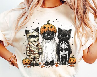 Halloween Katzen T-Shirt: Gruselige schwarze Katze Mumie, Geist & Skelett