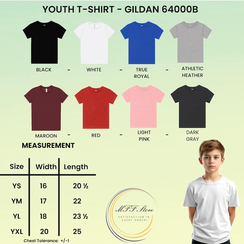 May include: A display of youth t-shirts in various colors, including black, white, and red. The image includes a size chart with measurements in inches and the text "YOUTH T-SHIRT - GILDAN 64000B". A young person is wearing a white t-shirt.