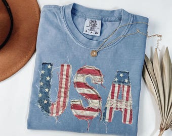 Comfort Colors® 4th of July Shirt, FAUX Patchwork USA Shirt, Retro American Shirt, Patriotic Shirt, Fourth of July Shirt, Patriotism shirt