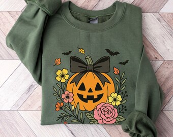 Fall Pumpkin Sweatshirt: Coquette Floral Bow, Girly Halloween Crewneck