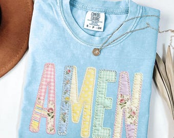 Patchwork Amen Shirt, Pastel Applique Religious Graphic Top
