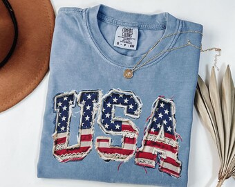 Comfort Colors USA Shirt, Patriotic 4th of July Shirt, Retro American Flag Tee, Faux Patchwork USA Graphic Tee, Independence Day Shirt