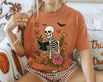 Gothic Skeleton Flowers Book T-Shirt: Vintage Comfort Colors Tee