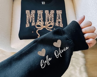 Personalized Mama Sweatshirt, Leopard Mama Bow Hoodie, Custom Mom Gift, Mama Valentine Sweatshirt, Coquette Bow Mama Shirt, Gift for Mom