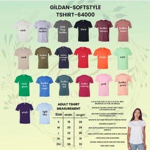 May include: A display of Gildan Softstyle T-shirts in various colors, including white, black, and heather grey. The image shows a size chart with measurements in inches and fabric details. The shirts are available in sizes S to 2XL.