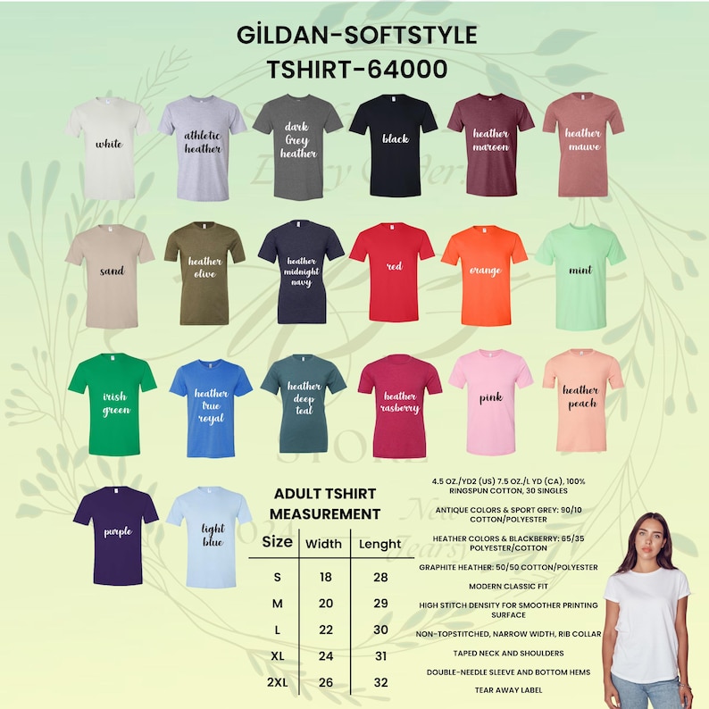 May include: A display of Gildan Softstyle T-shirts in various colors, including white, black, and heather grey. The image shows a size chart with measurements in inches and fabric details. The shirts are available in sizes S to 2XL.