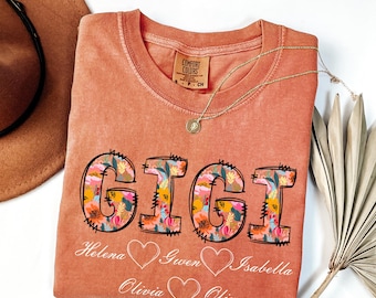 Personalized Floral Gigi Shirt, Comfort Colors, Grandkids Names