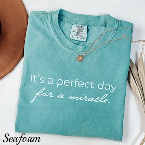 Op de afbeelding: Zeegroen t-shirt met de witte tekst "it's a perfect day for a miracle". Een gouden ketting met een kleine hanger ligt op het shirt. Het shirt is voorzien van het label "Comfort Colors" en is maat S.