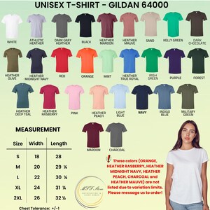 May include: A variety of Gildan 64000 unisex t-shirts in various colors, including white, black, and heather gray. The image displays a color chart with options like red, orange, and green. Measurements are provided in inches for different sizes.