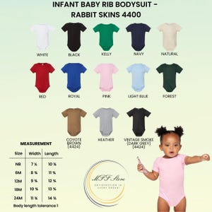 May include: Infant baby rib bodysuits in various colors, including white, black, and pink. The image displays a size chart with measurements in inches and the text "MFF Store". A baby is wearing a pink bodysuit.